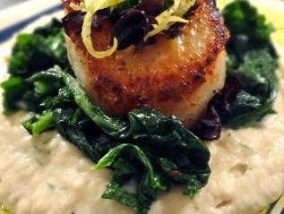 Seared Scallops with White Bean Puree and Seared&nbsp;Spinach